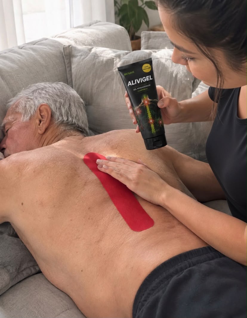 Pessoa aplicando fita ortopédica e usando o gel massageador Alivigel